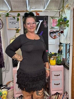 Calvin Klein Charcoal Black Fringe Knit Mini Dress Size Small